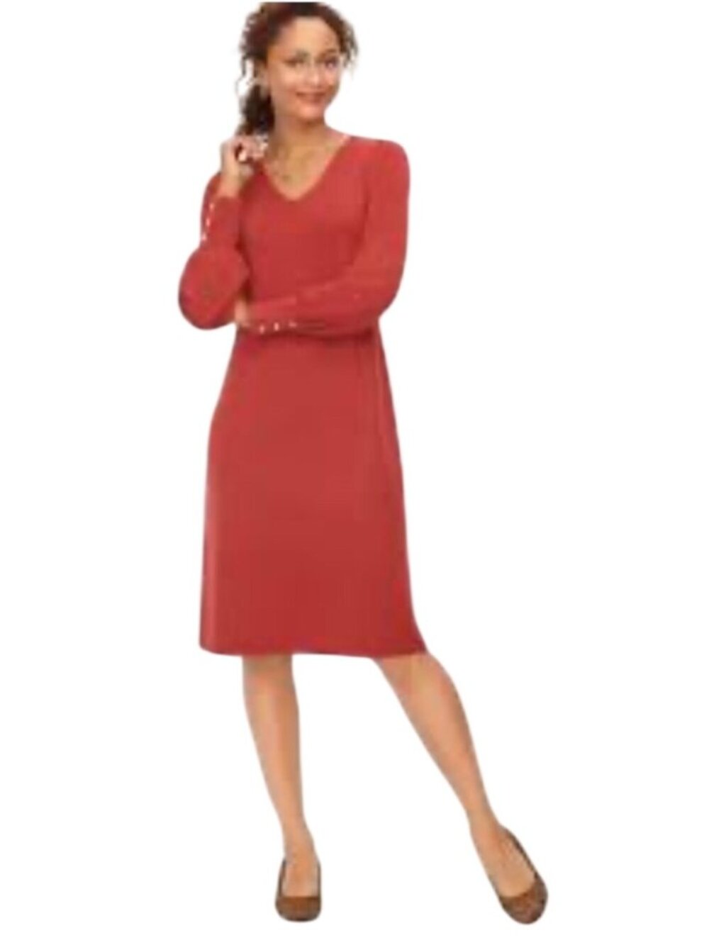 Talbots V-Neck puff sleeve Sweater Dress burnt sienna 100% Merino Wool XL